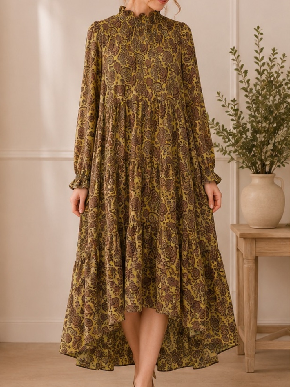 Bohemian High-Neck Tiered High-Low Dress in Olive Paisley